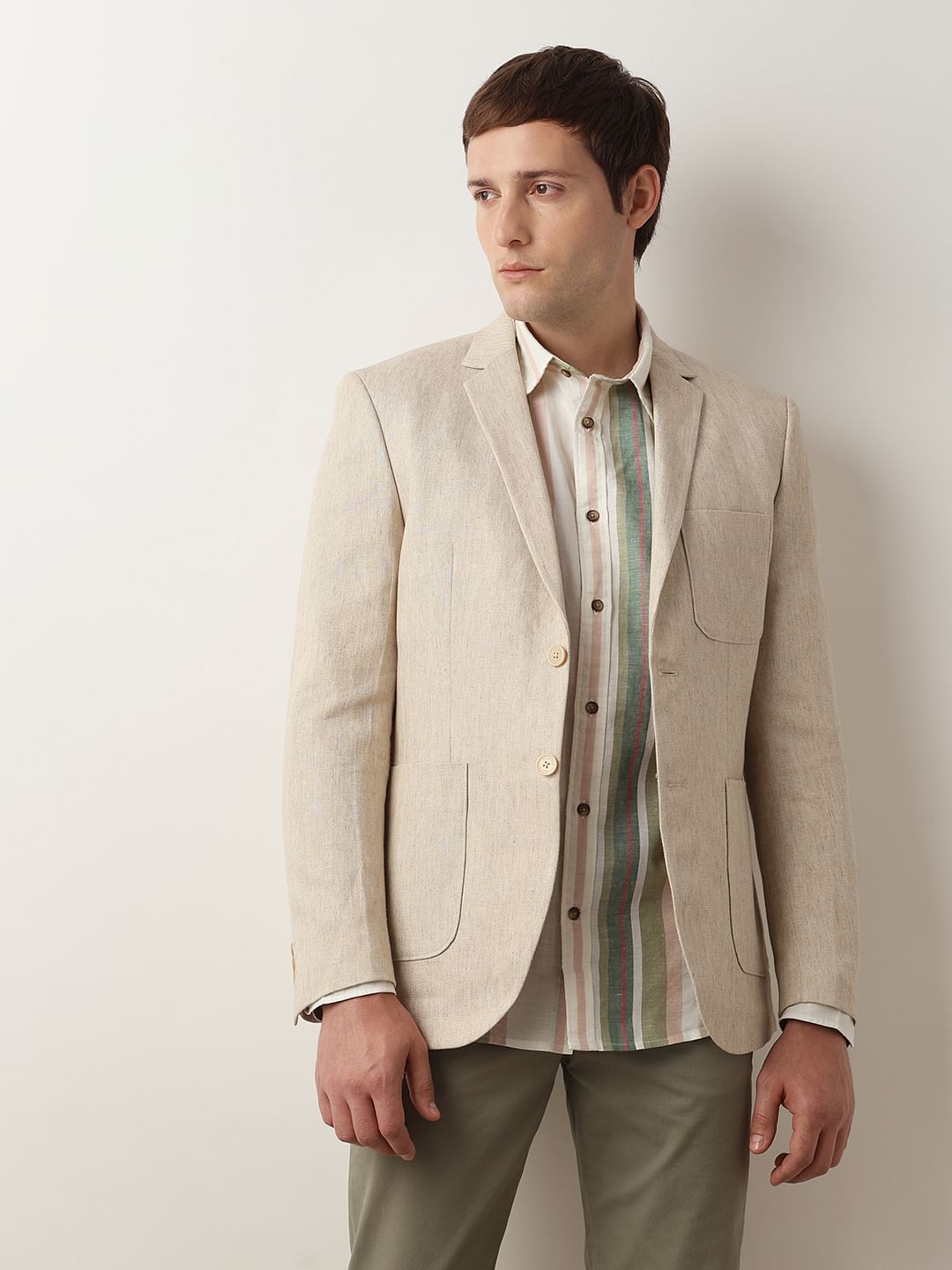 Green Striped Linen Full Sleeves Shirt