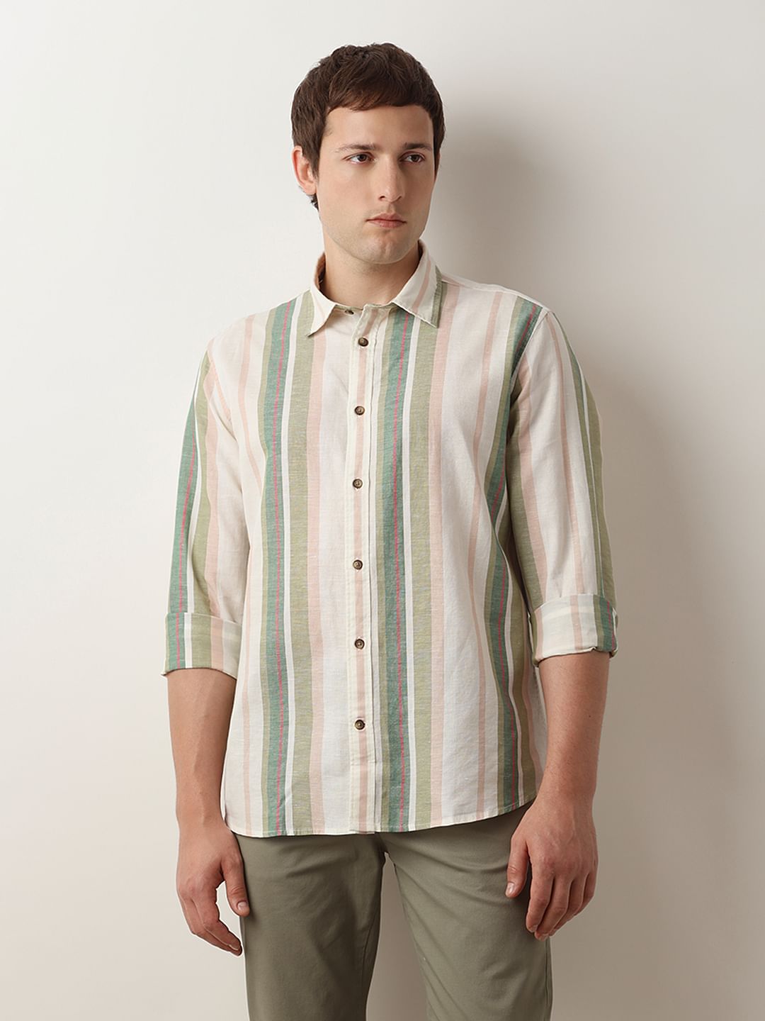 Green Striped Linen Full Sleeves Shirt