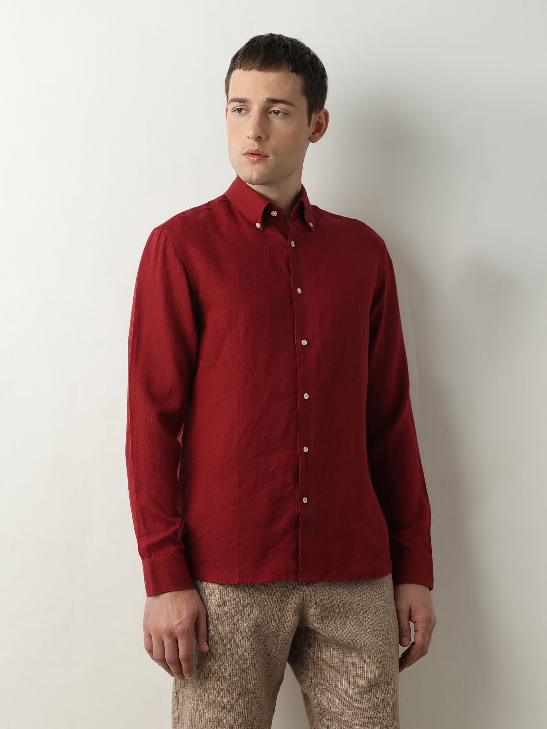 Buy Dark Red Linen Full Sleeves Shirt for Men Online