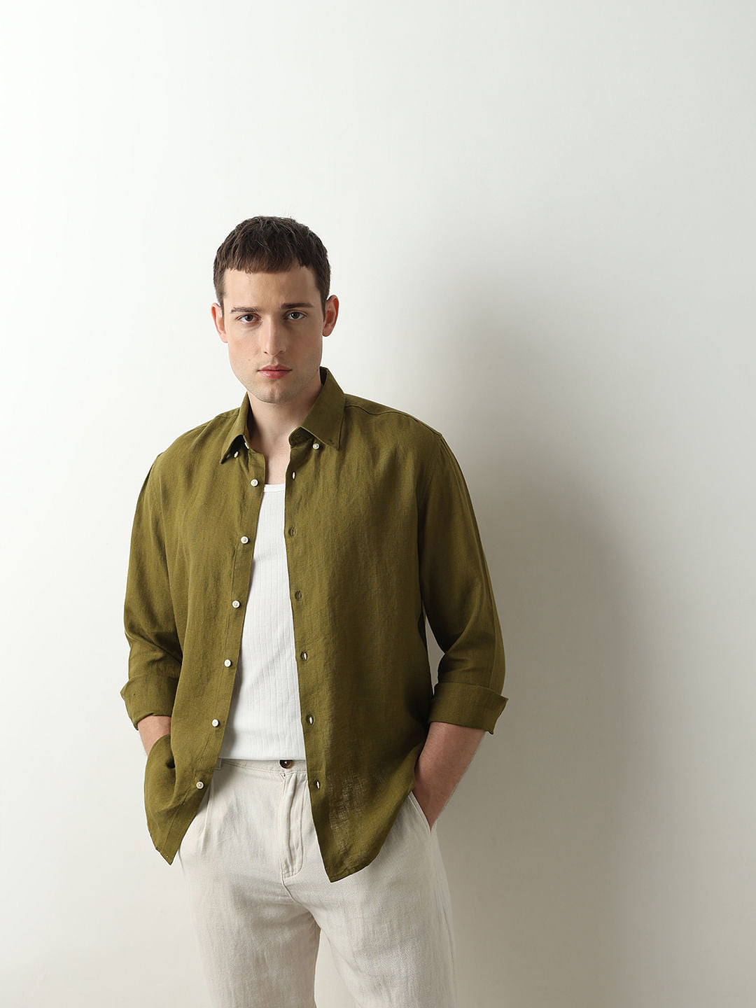 Dark Green Linen Full Sleeves Shirt