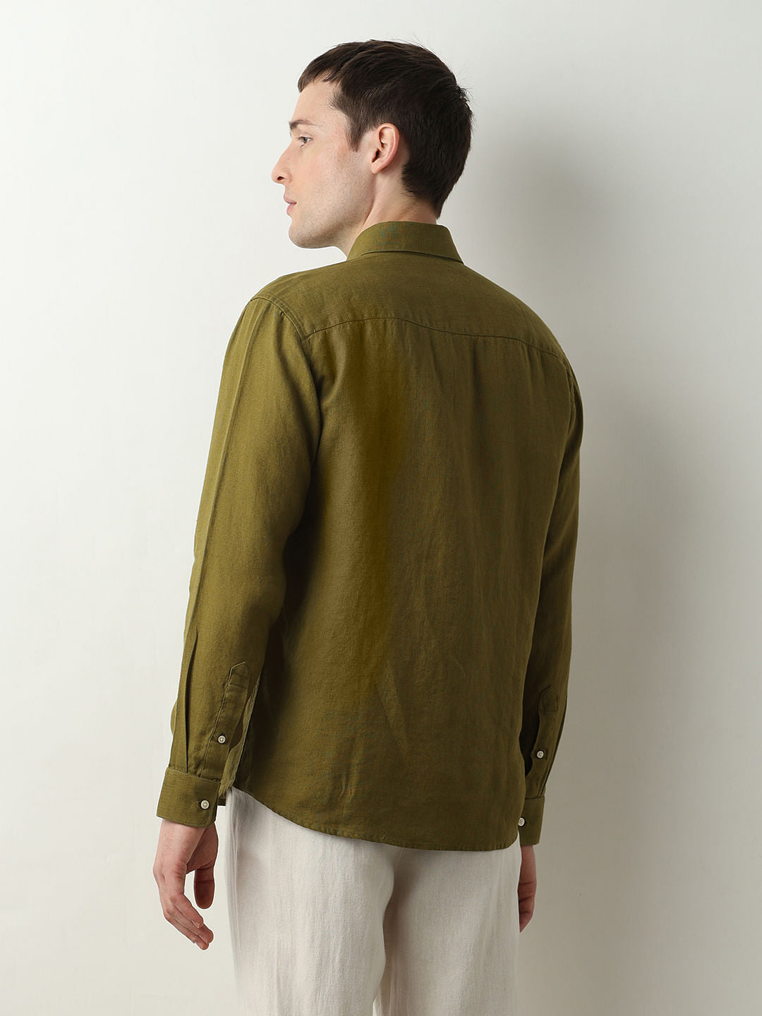 Dark Green Linen Full Sleeves Shirt