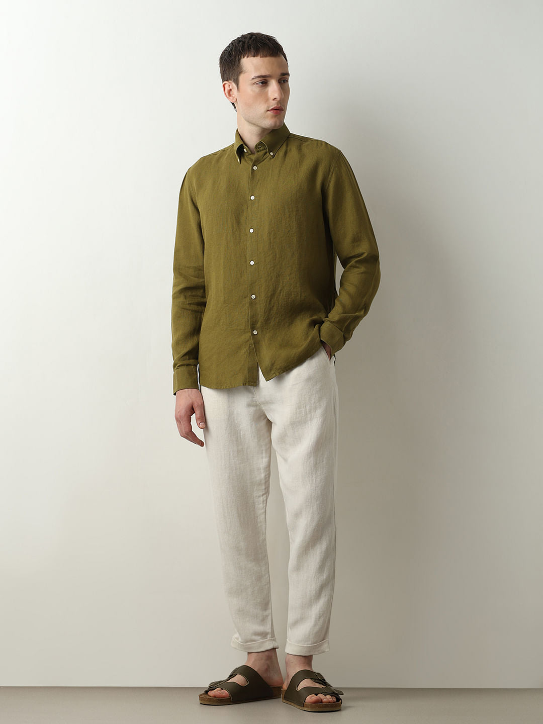 Dark Green Linen Full Sleeves Shirt