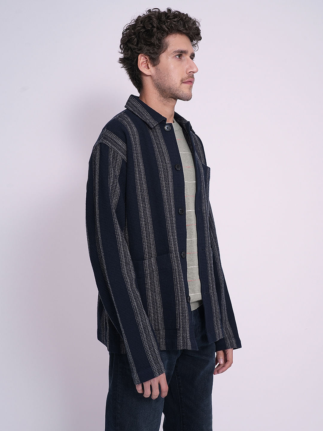 Blue Waffle Striped Overshirt