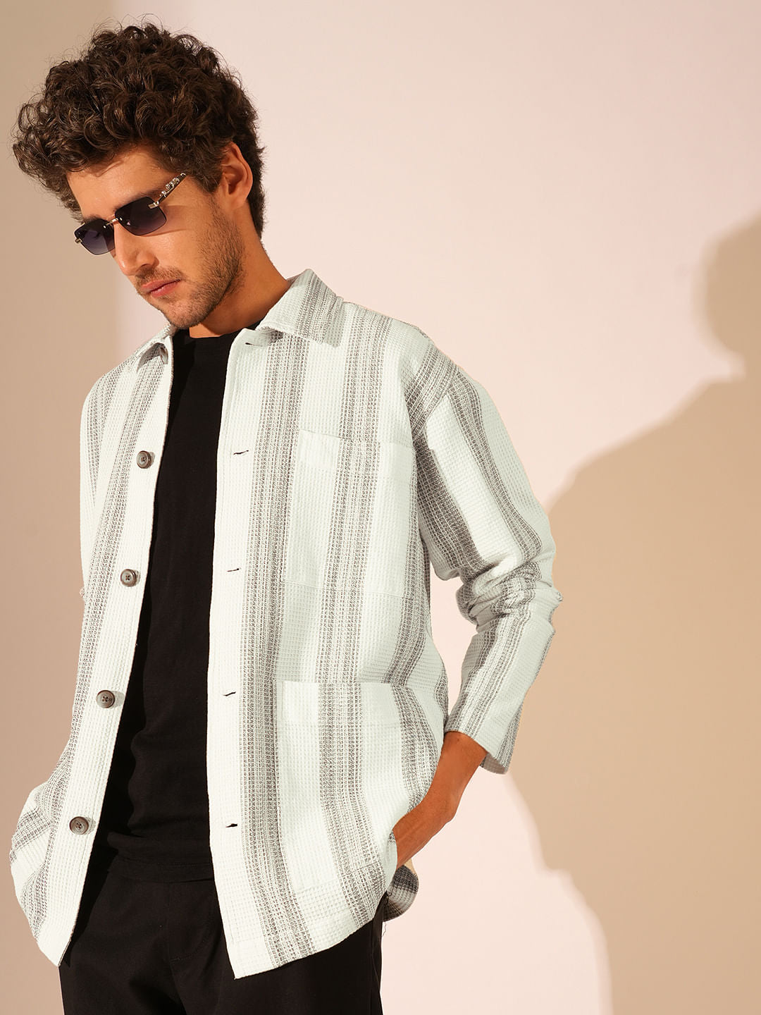 White Waffle Striped Overshirt