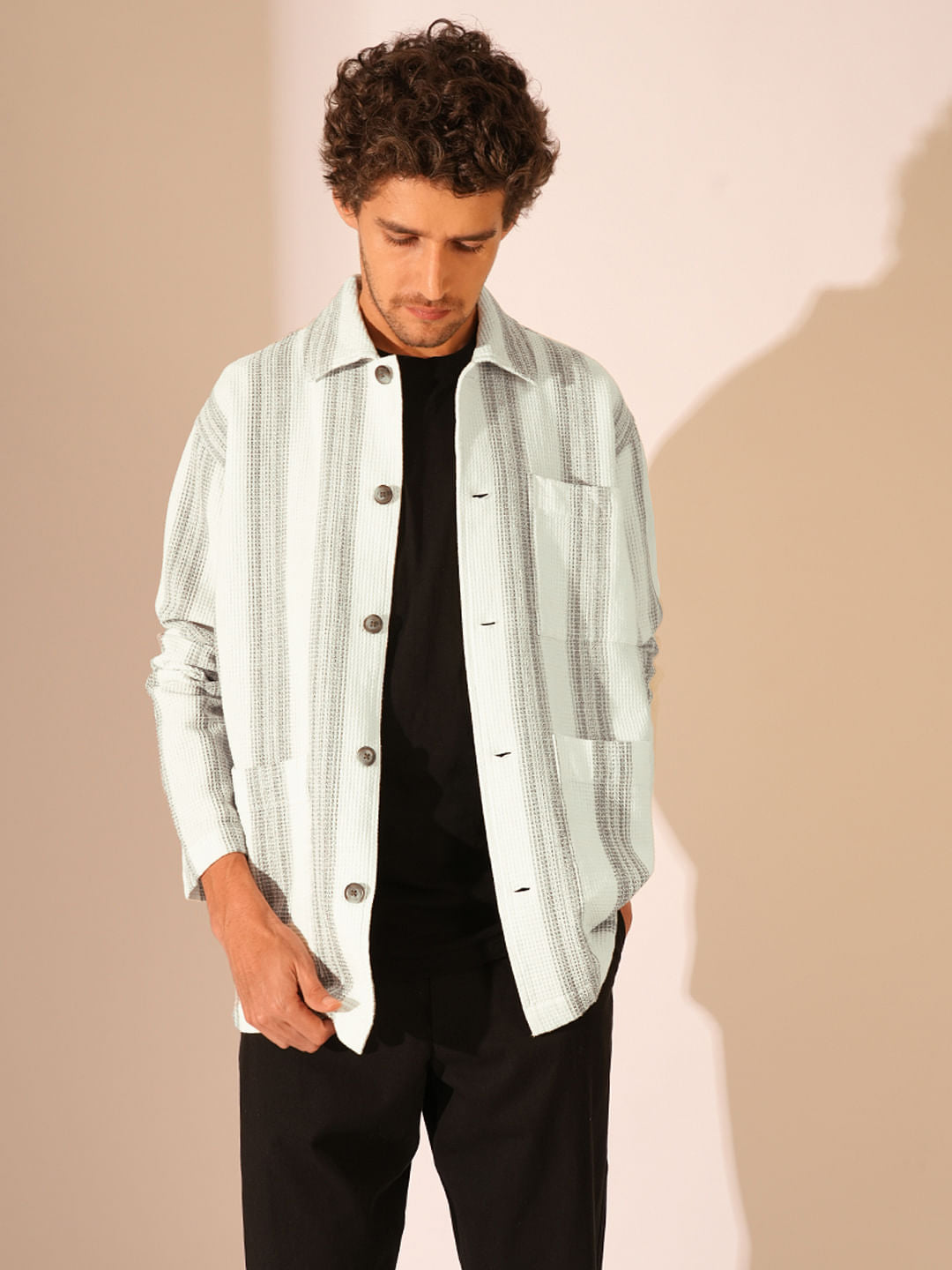 White Waffle Striped Overshirt