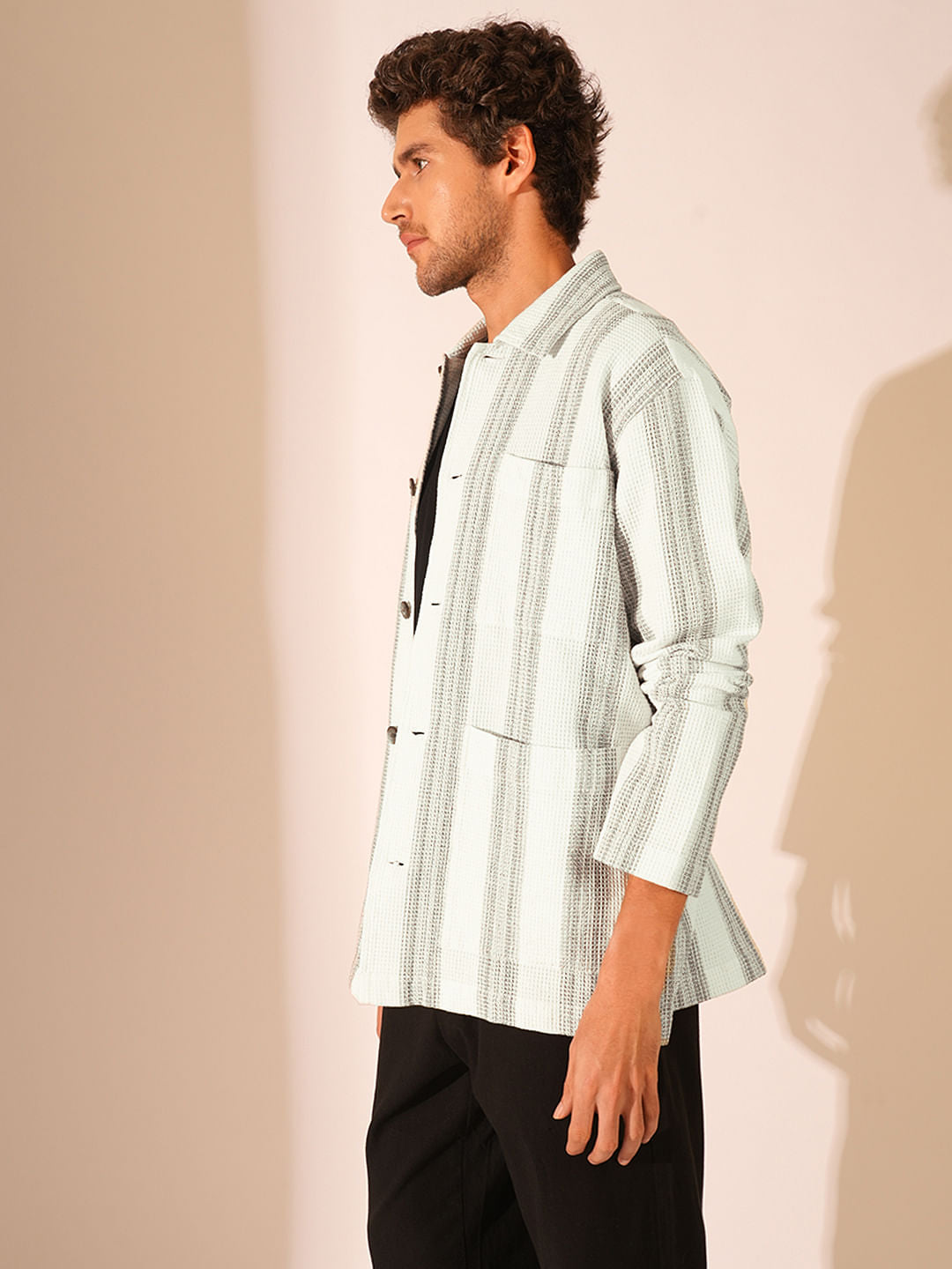 White Waffle Striped Overshirt