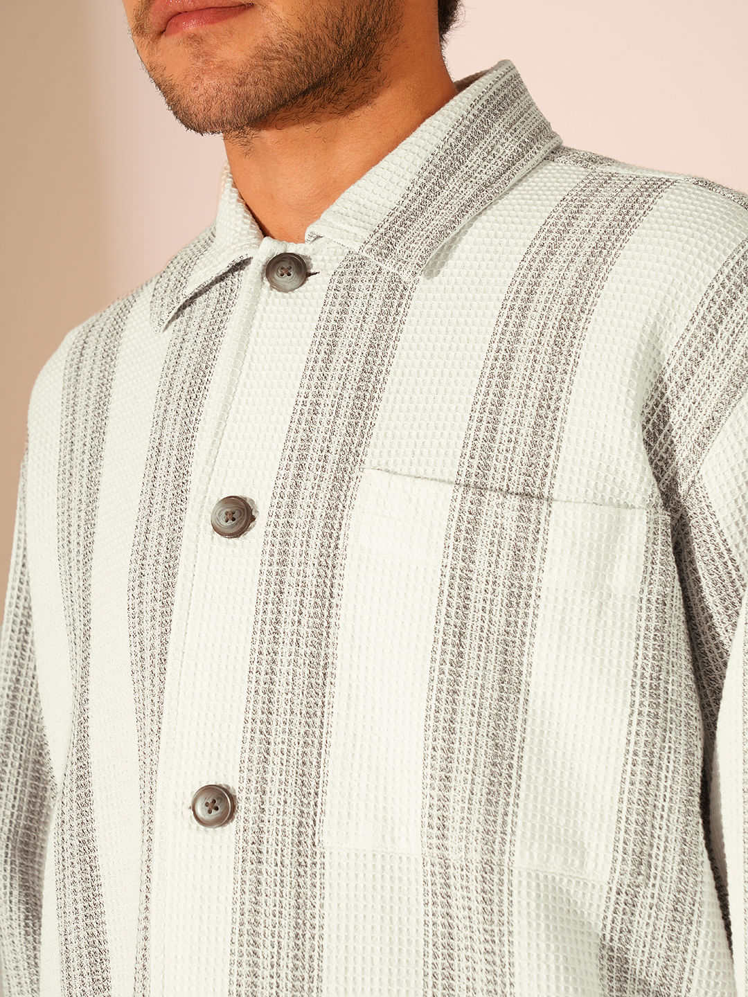 White Waffle Striped Overshirt