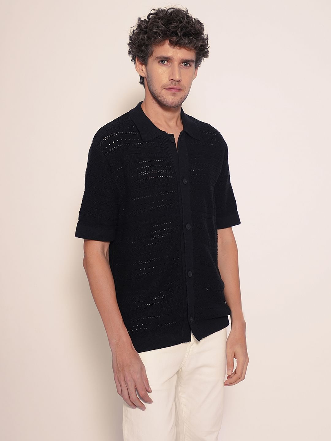 Black Crochet Organic Cotton Polo