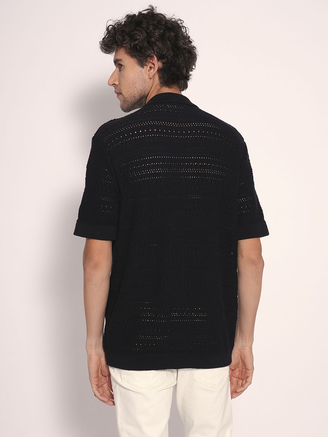 Black Crochet Organic Cotton Polo