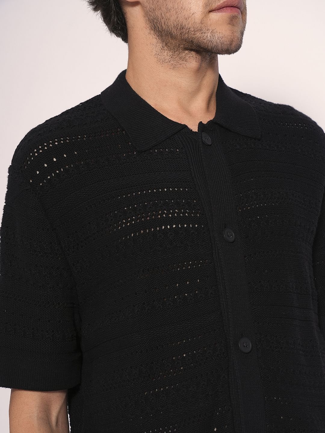 Black Crochet Organic Cotton Polo