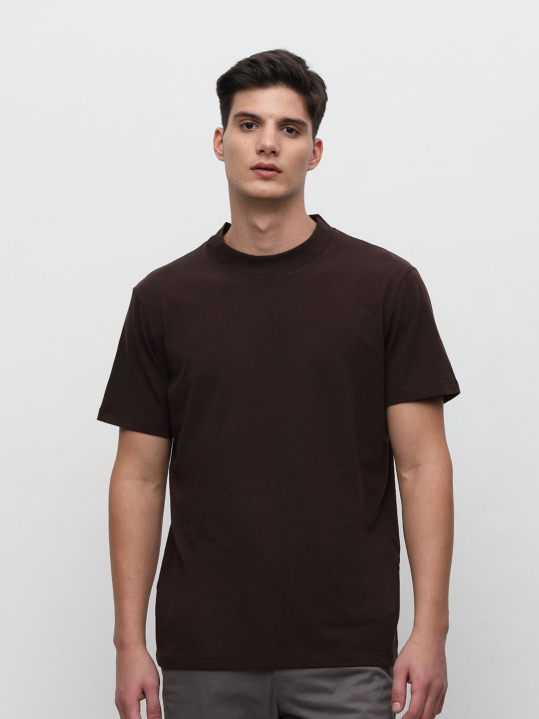Dark Brown Solid Crew Neck T-shirt
