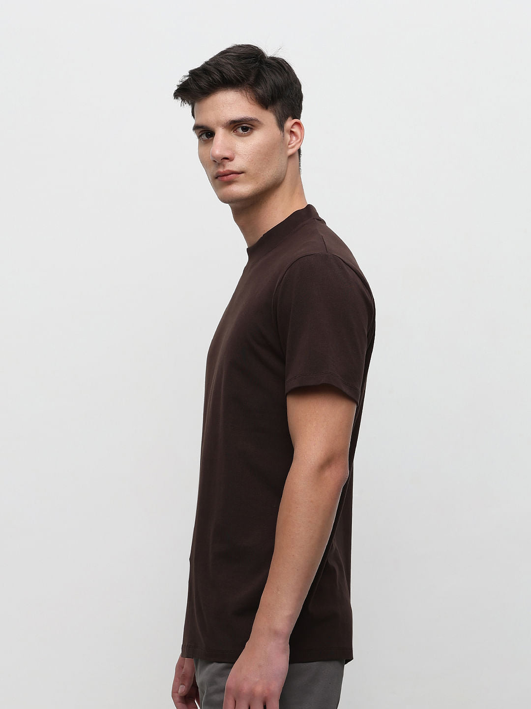 Dark Brown Solid Crew Neck T-shirt
