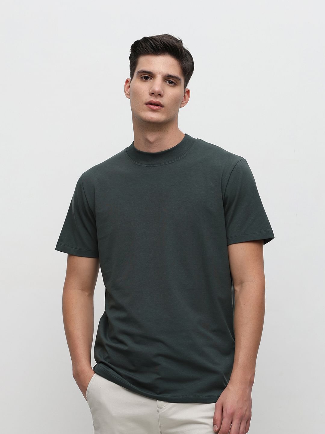 Dark Green Solid Crew Neck T-shirt