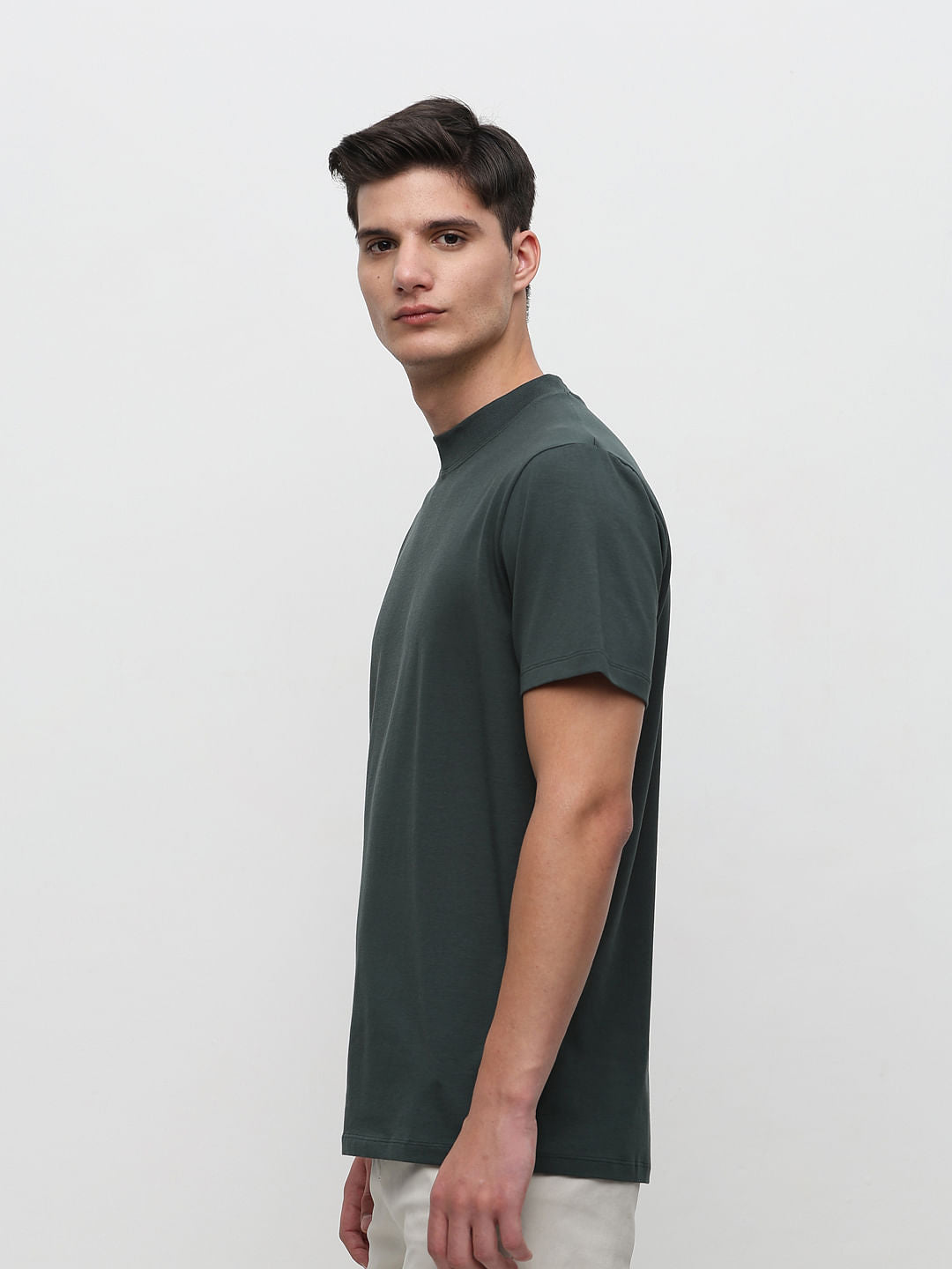 Dark Green Solid Crew Neck T-shirt
