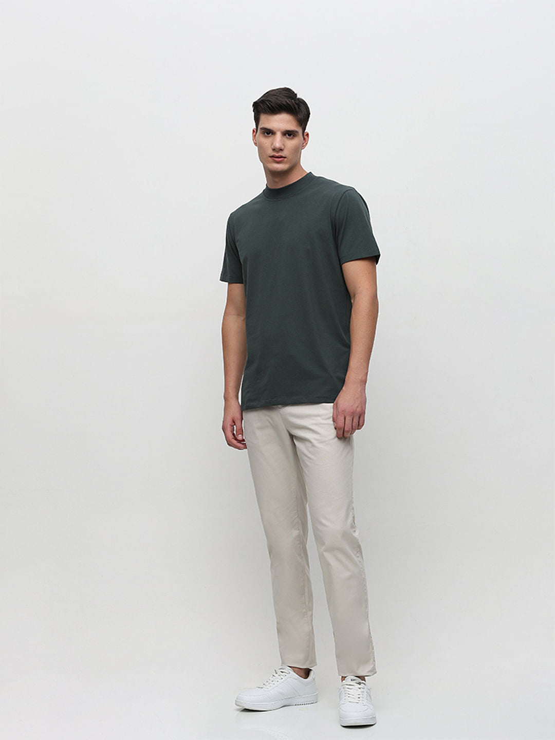 Dark Green Solid Crew Neck T-shirt