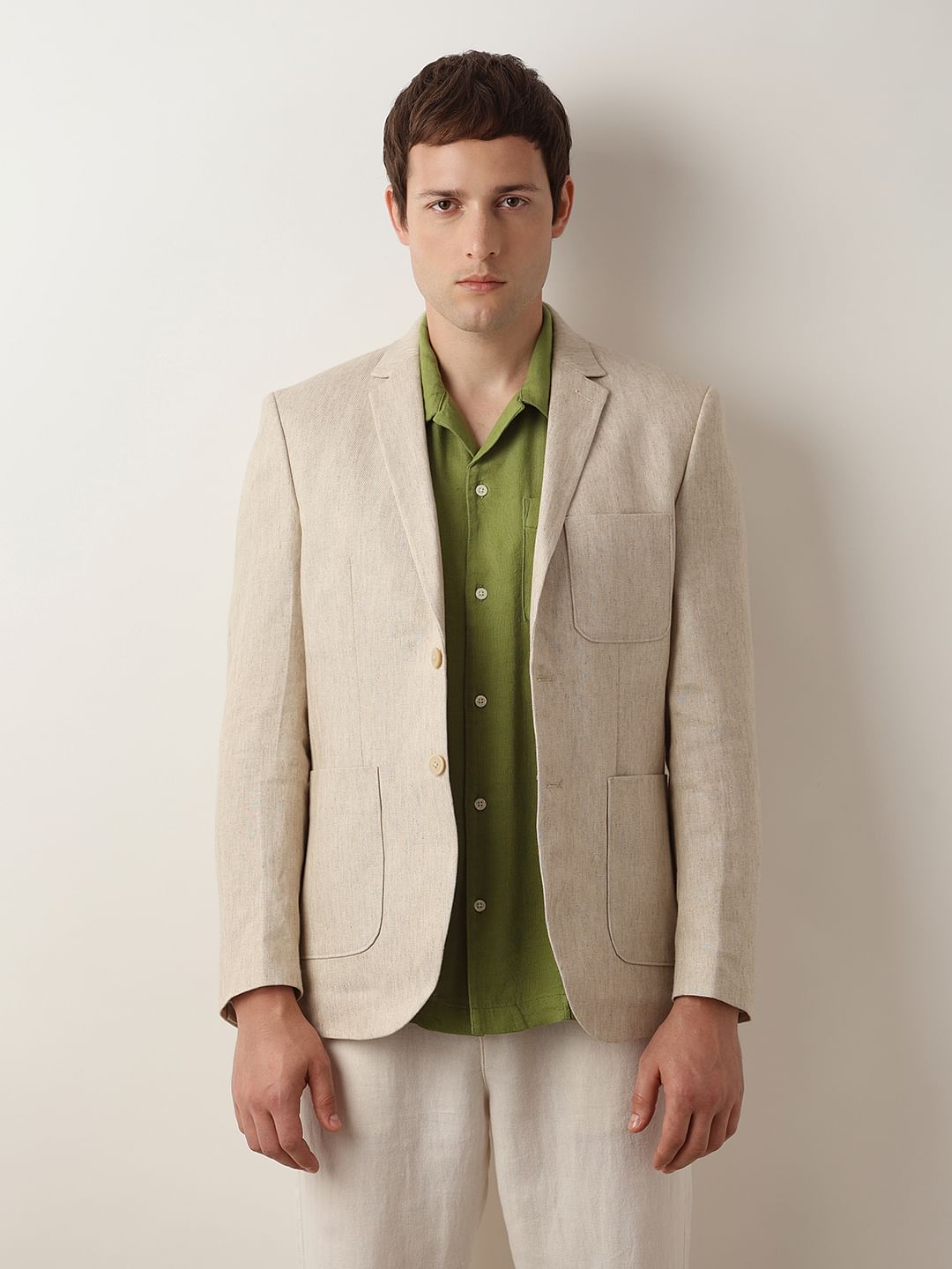 Green Cuban Collar Short Sleeves Shirt