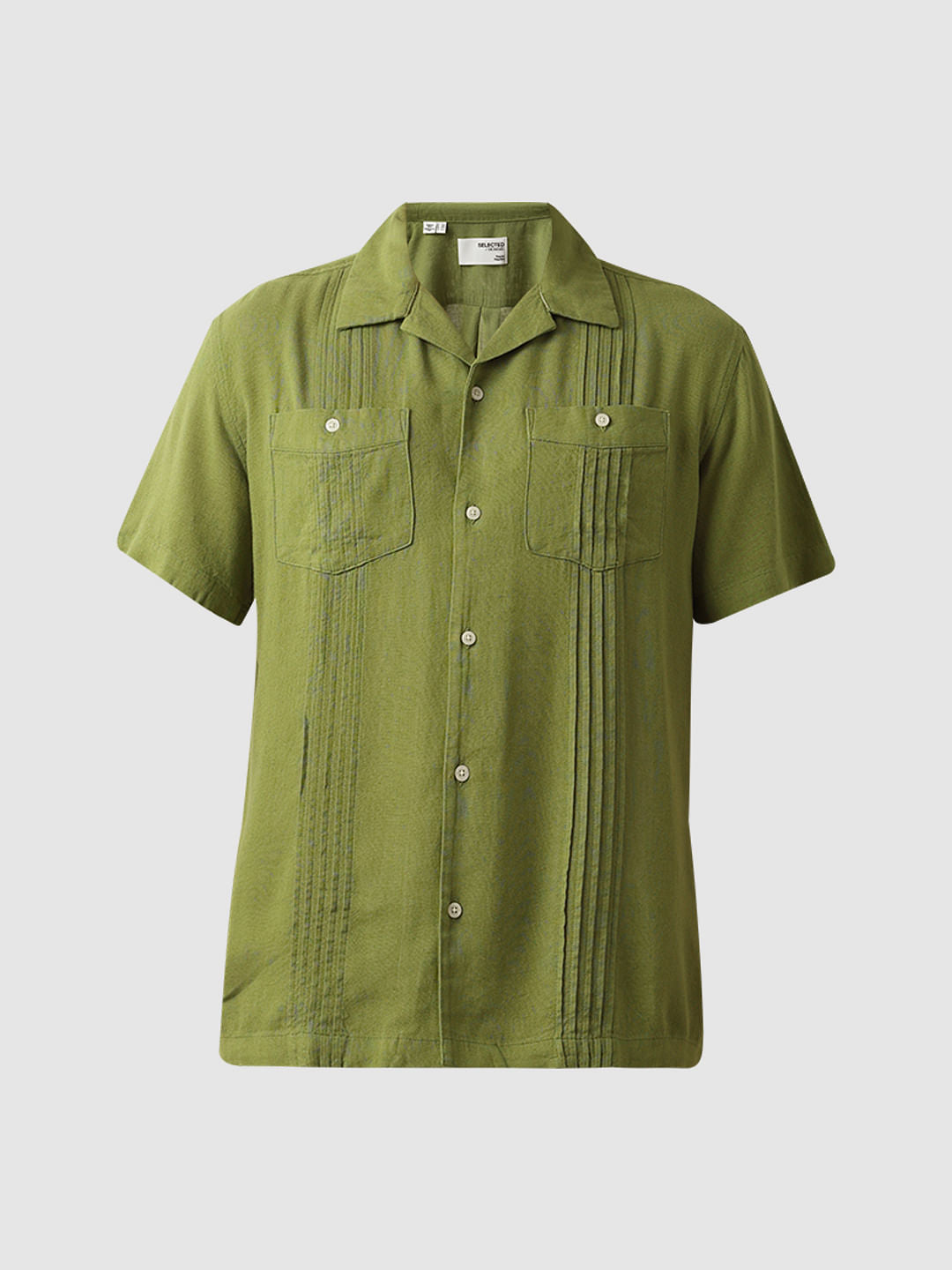 Green Cuban Collar Short Sleeves Shirt