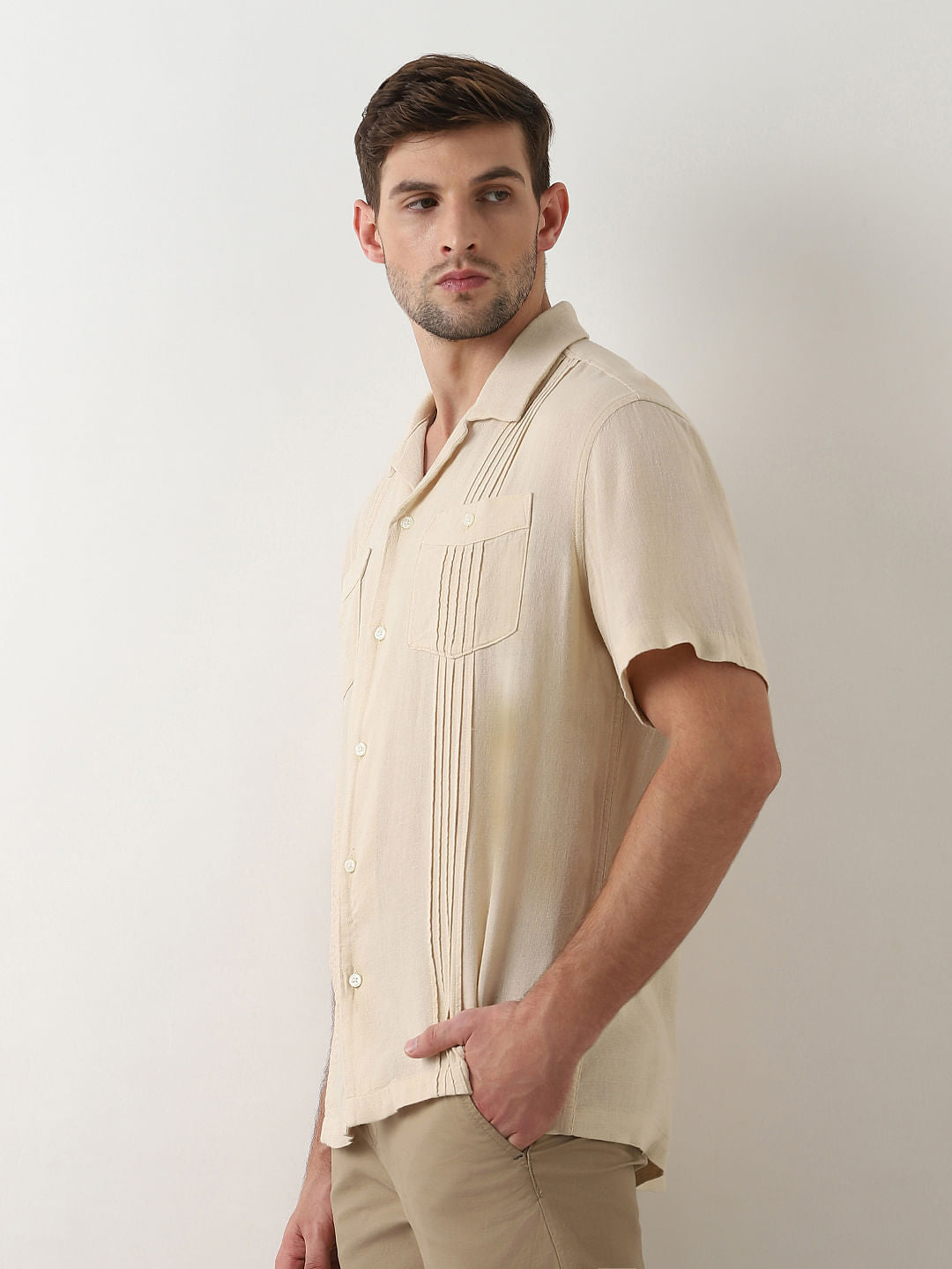 Beige Cuban Collar Short Sleeves Shirt