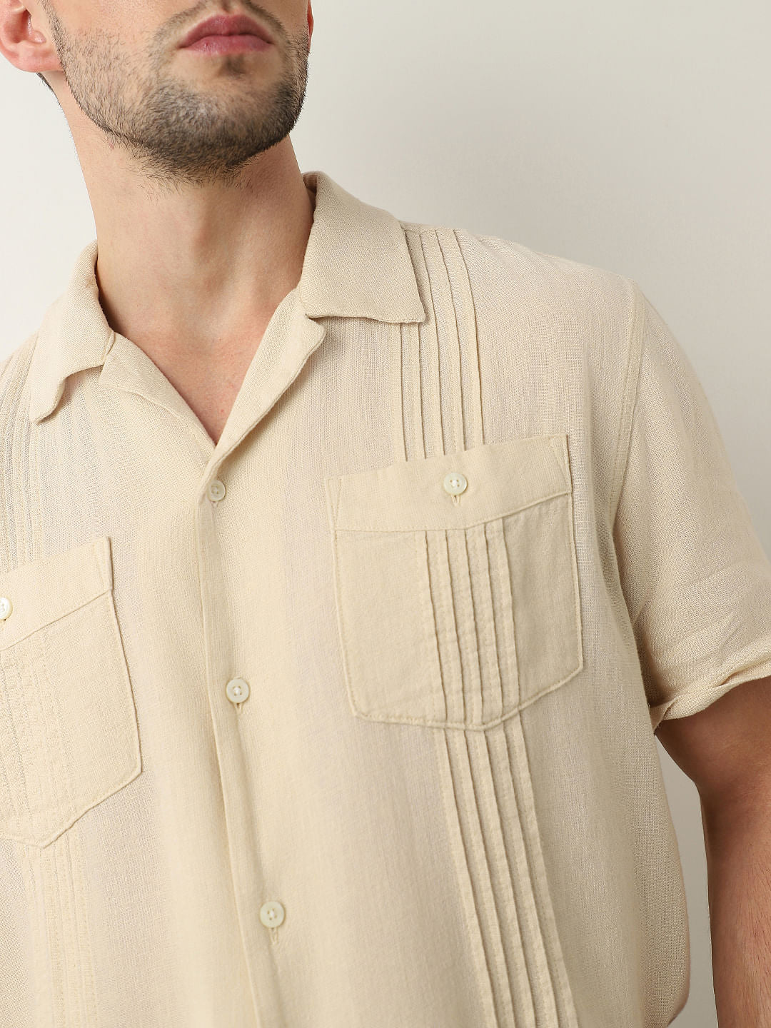 Beige Cuban Collar Short Sleeves Shirt