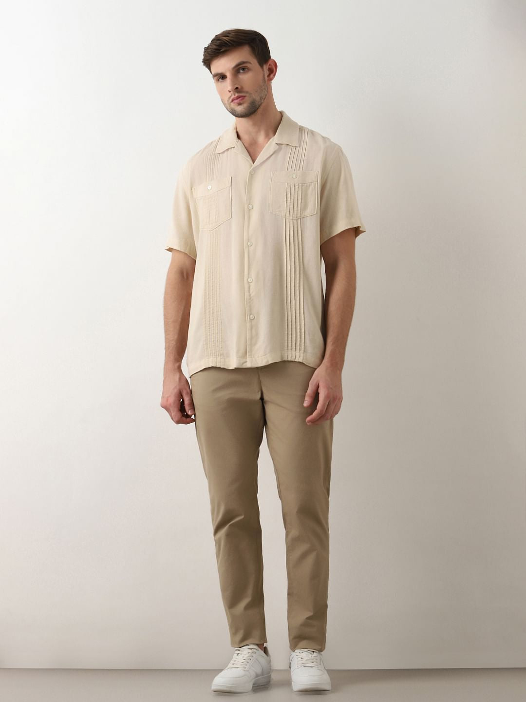 Beige Cuban Collar Short Sleeves Shirt