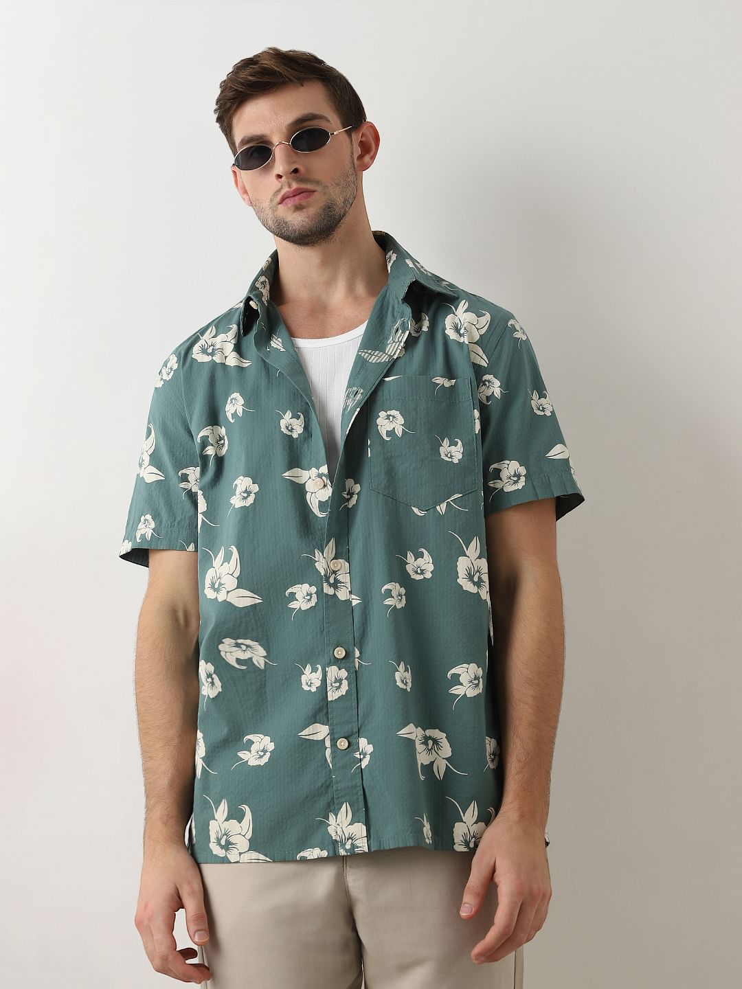 Green Seersucker Short Sleeves Shirt