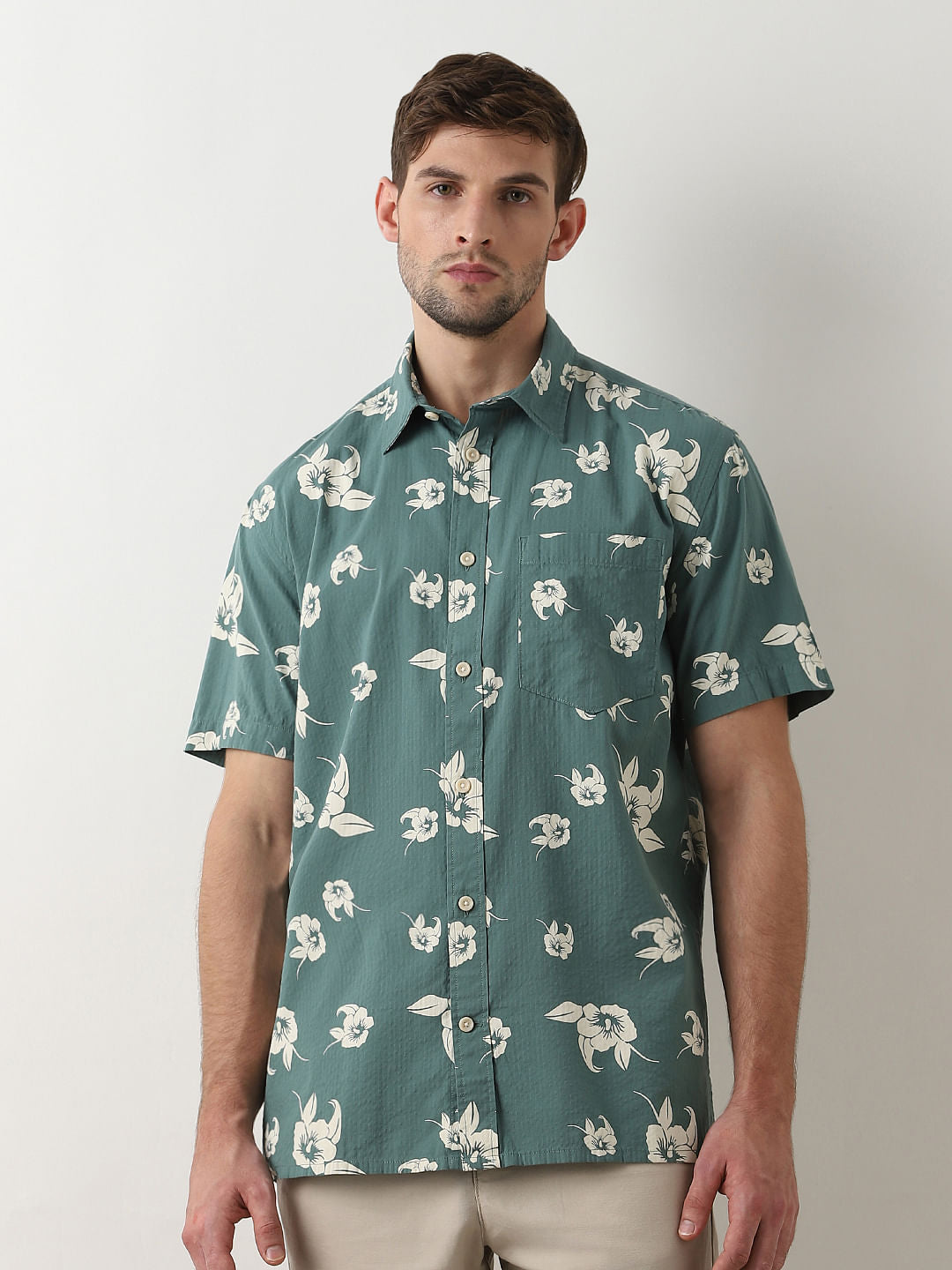 Green Seersucker Short Sleeves Shirt