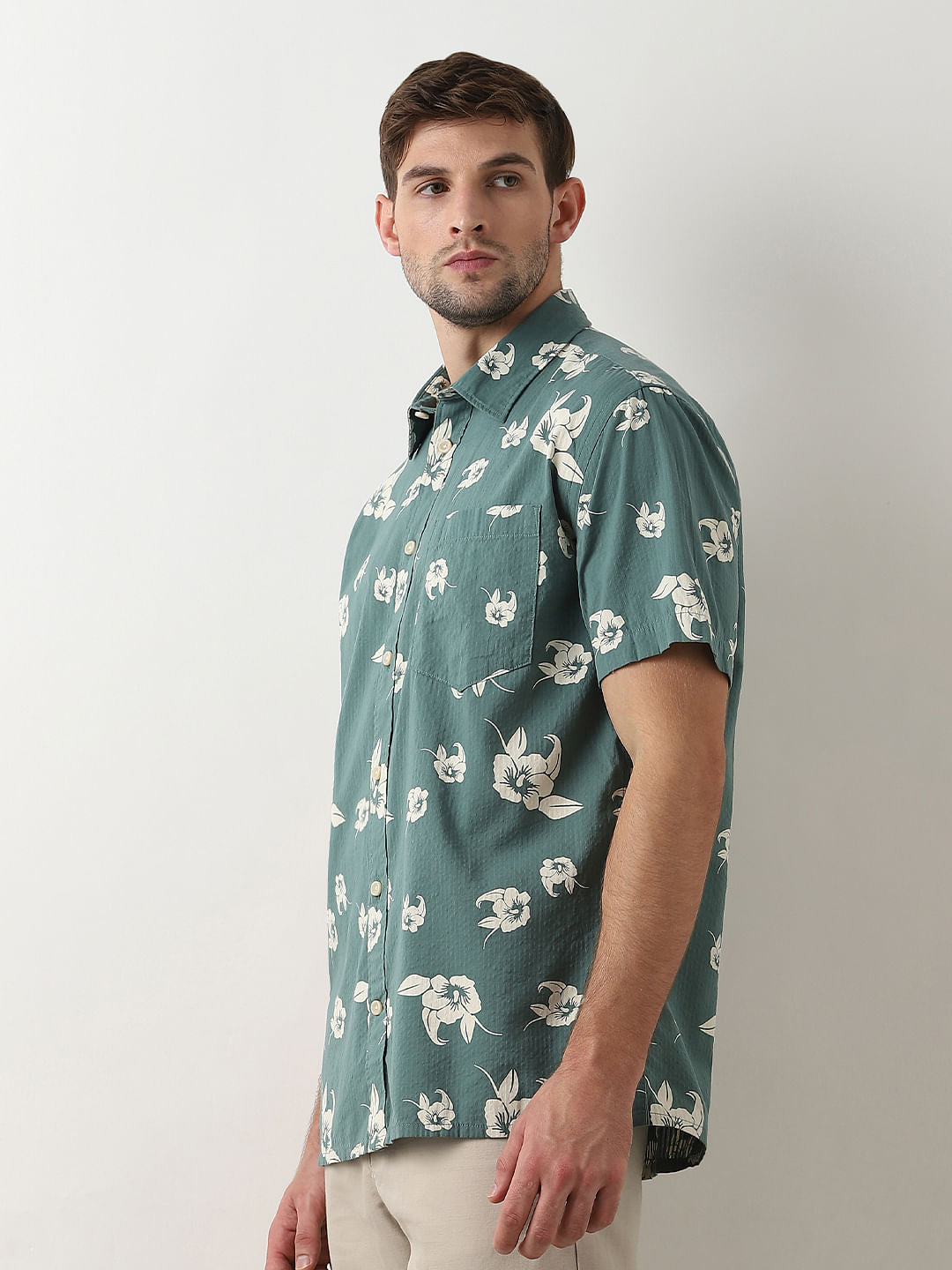 Green Seersucker Short Sleeves Shirt