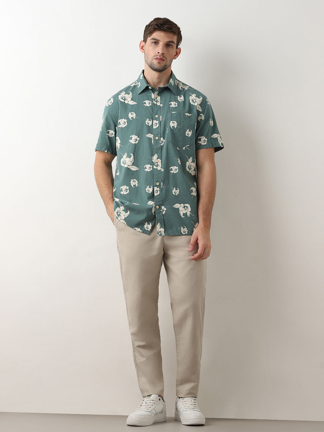 Green Seersucker Short Sleeves Shirt