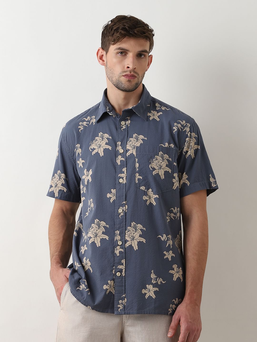 Blue Seersucker Short Sleeves Shirt