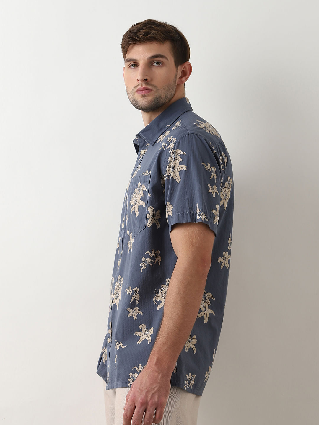 Blue Seersucker Short Sleeves Shirt