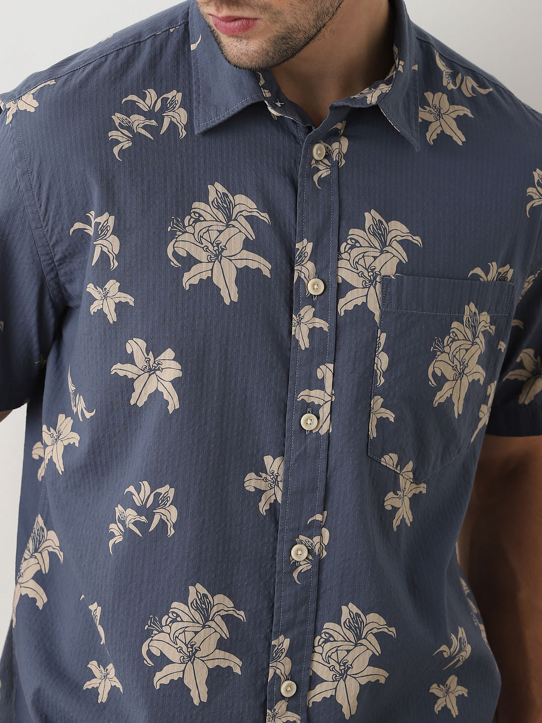 Blue Seersucker Short Sleeves Shirt