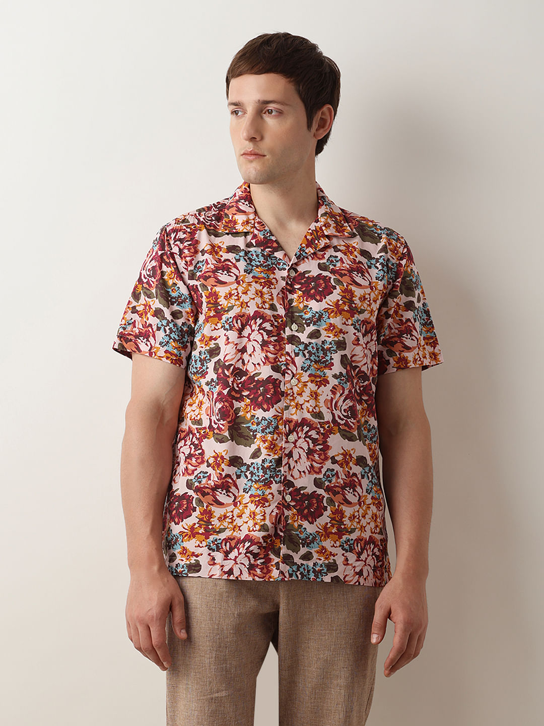 Red Floral Cuban Collar Shirt