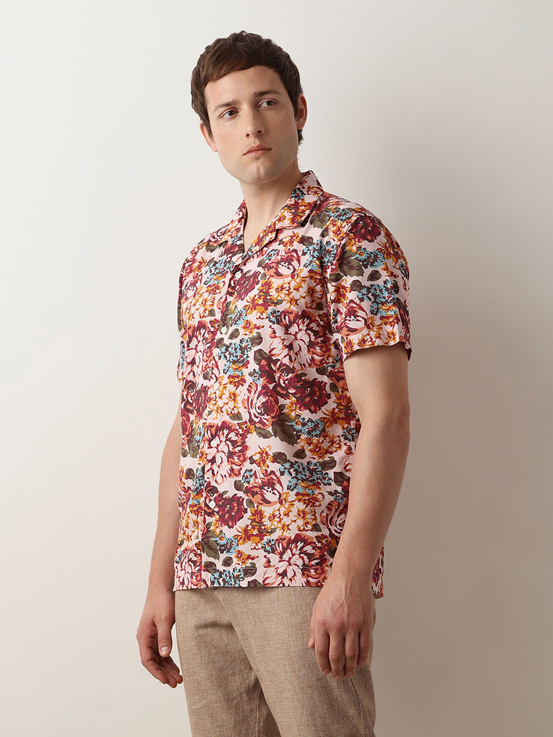 Red Floral Cuban Collar Shirt