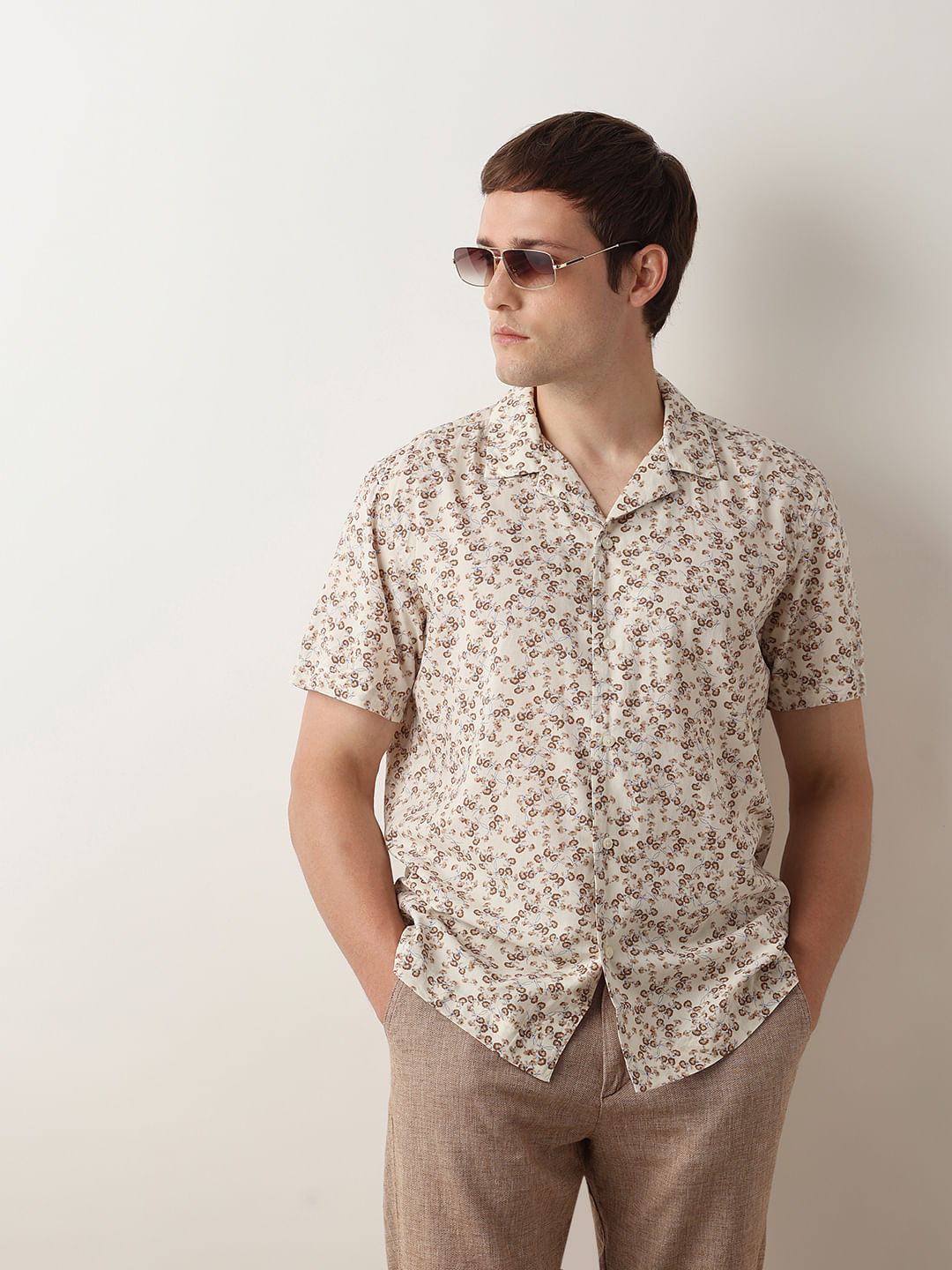 Beige Floral Cuban Collar Shirt
