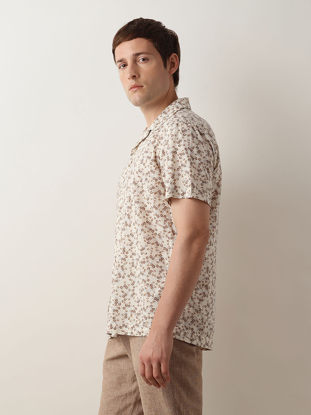 Beige Floral Cuban Collar Shirt