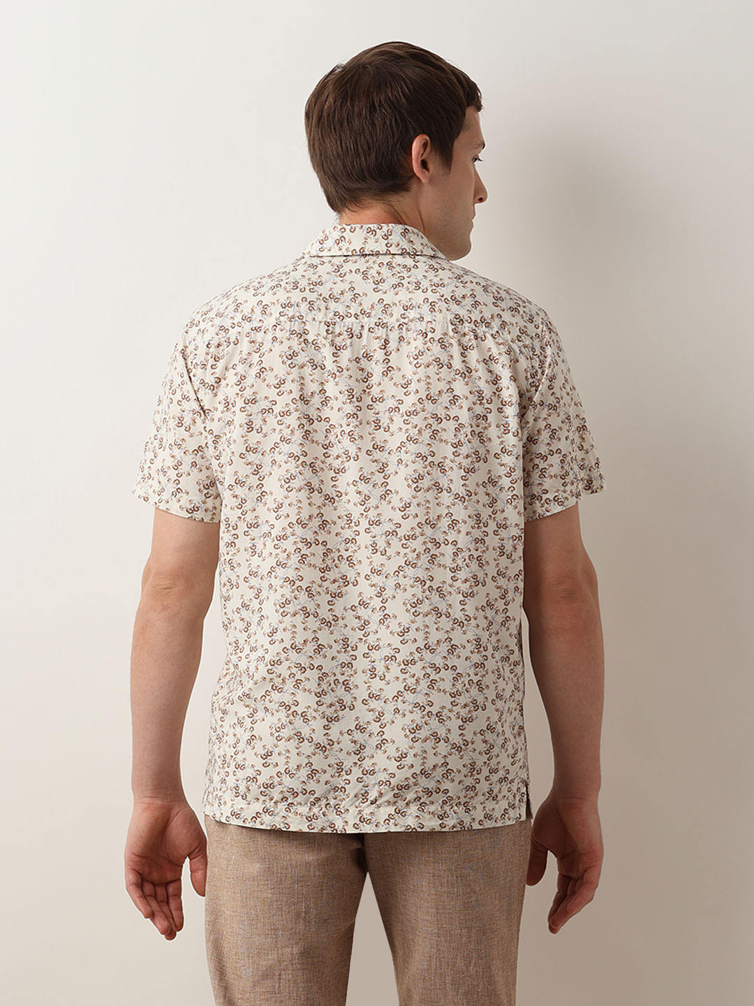 Beige Floral Cuban Collar Shirt