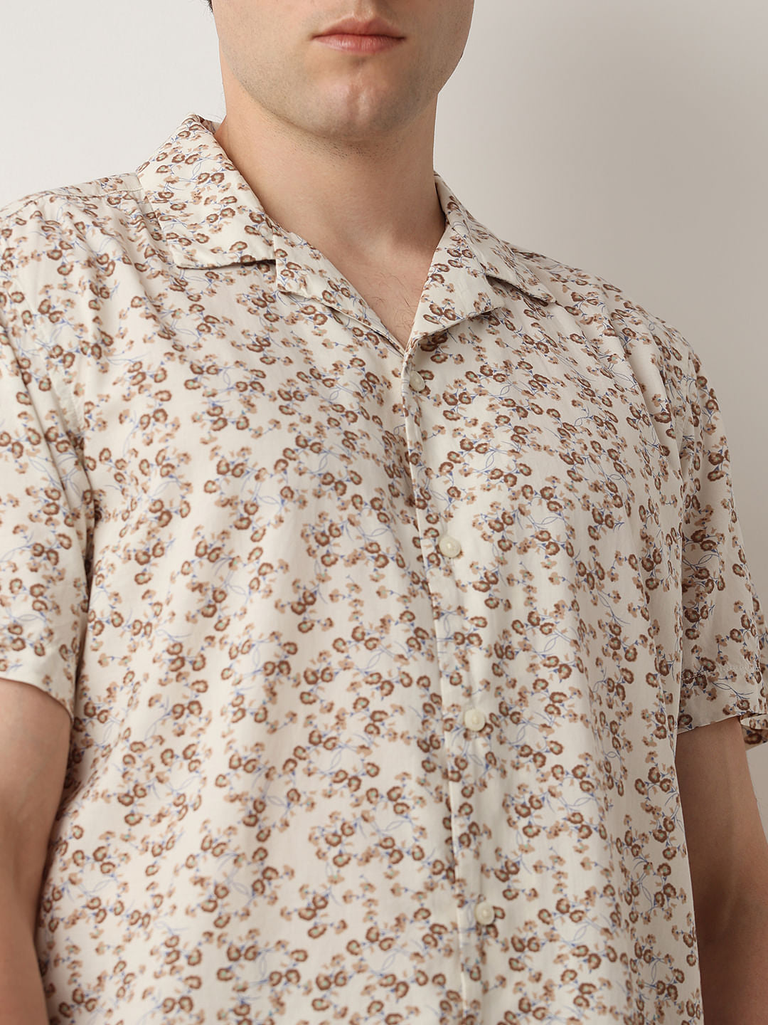 Beige Floral Cuban Collar Shirt