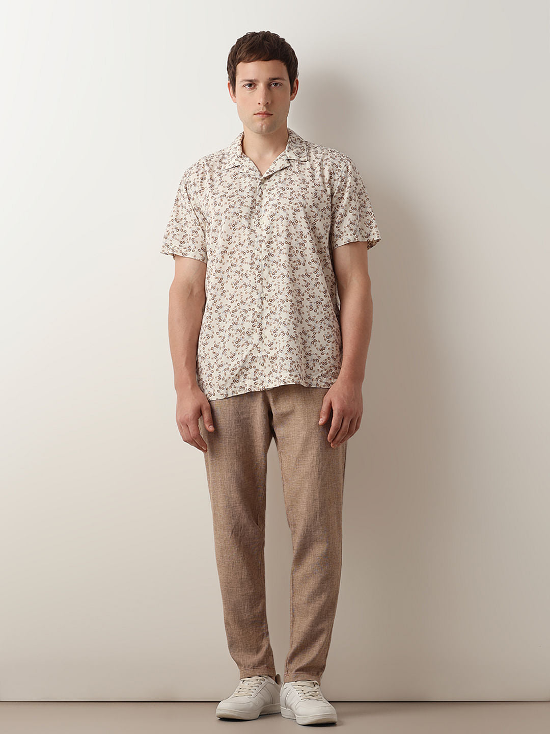 Beige Floral Cuban Collar Shirt
