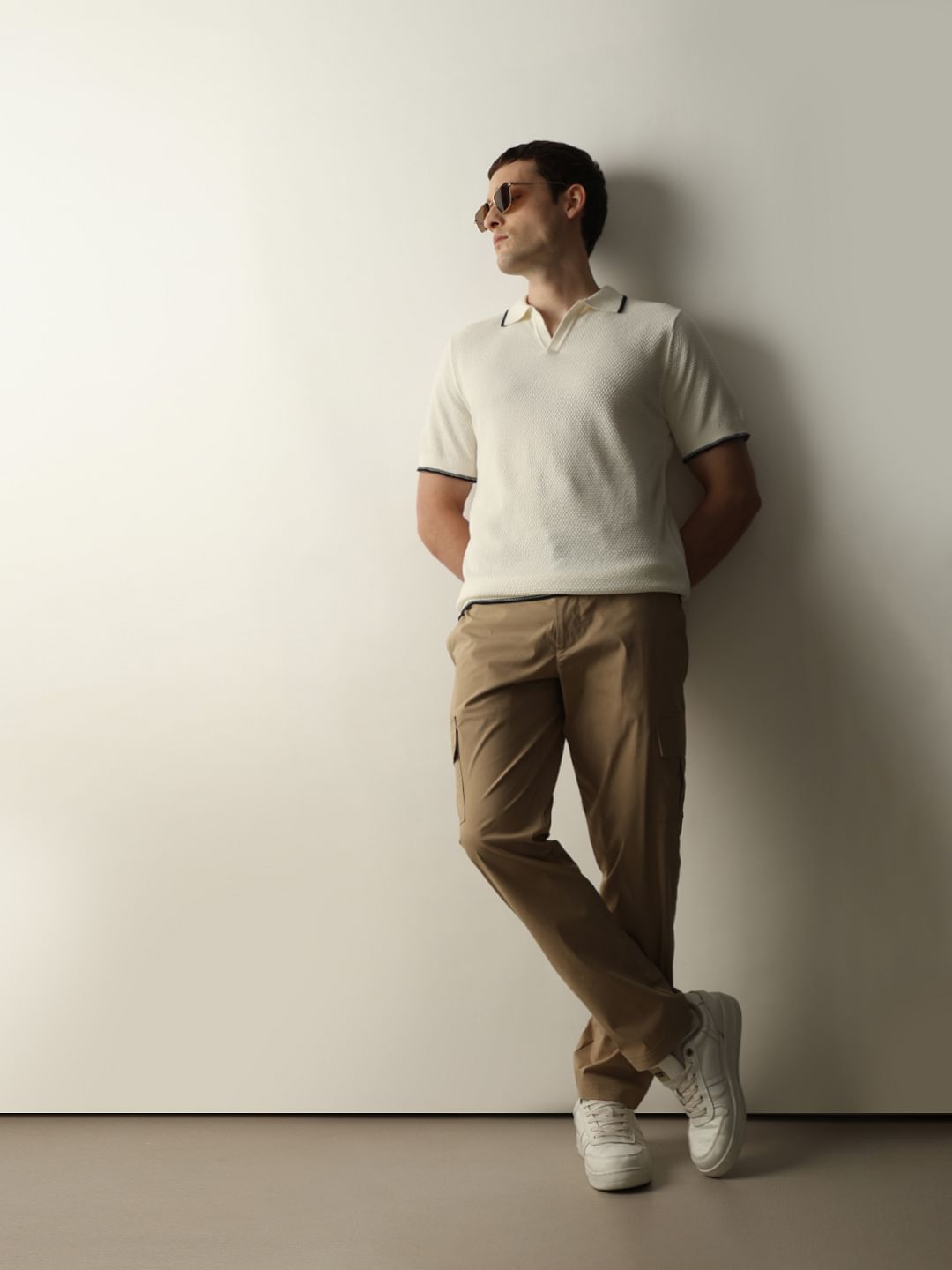 Beige Mid Rise Cargo Pants