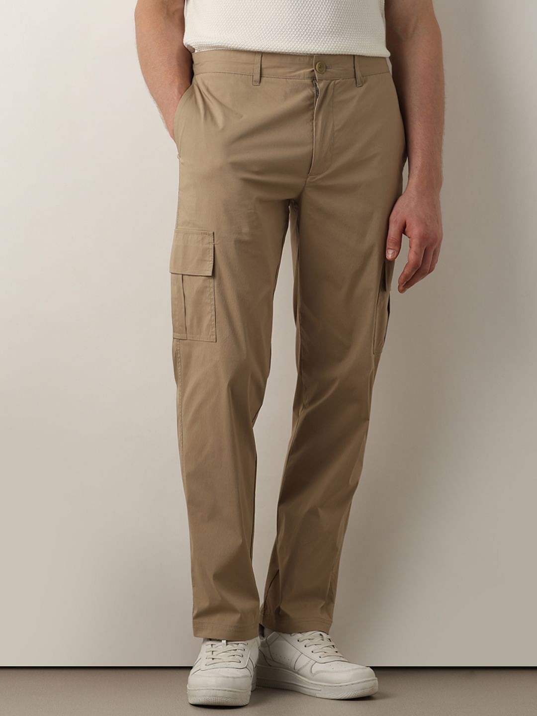 Beige Mid Rise Cargo Pants