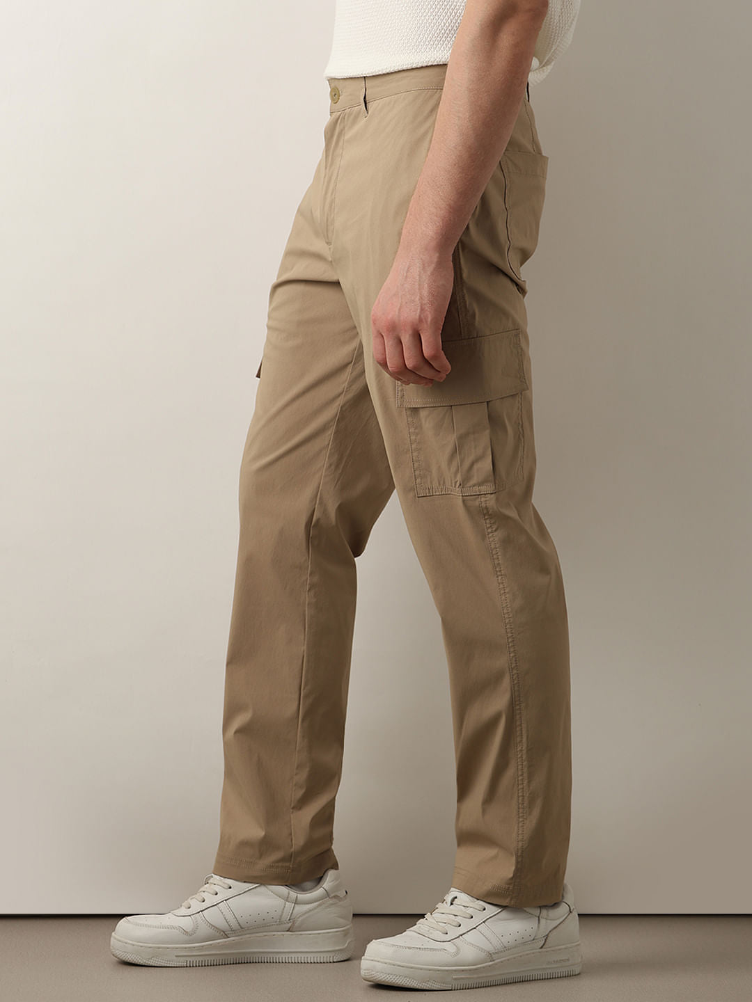 Beige Mid Rise Cargo Pants