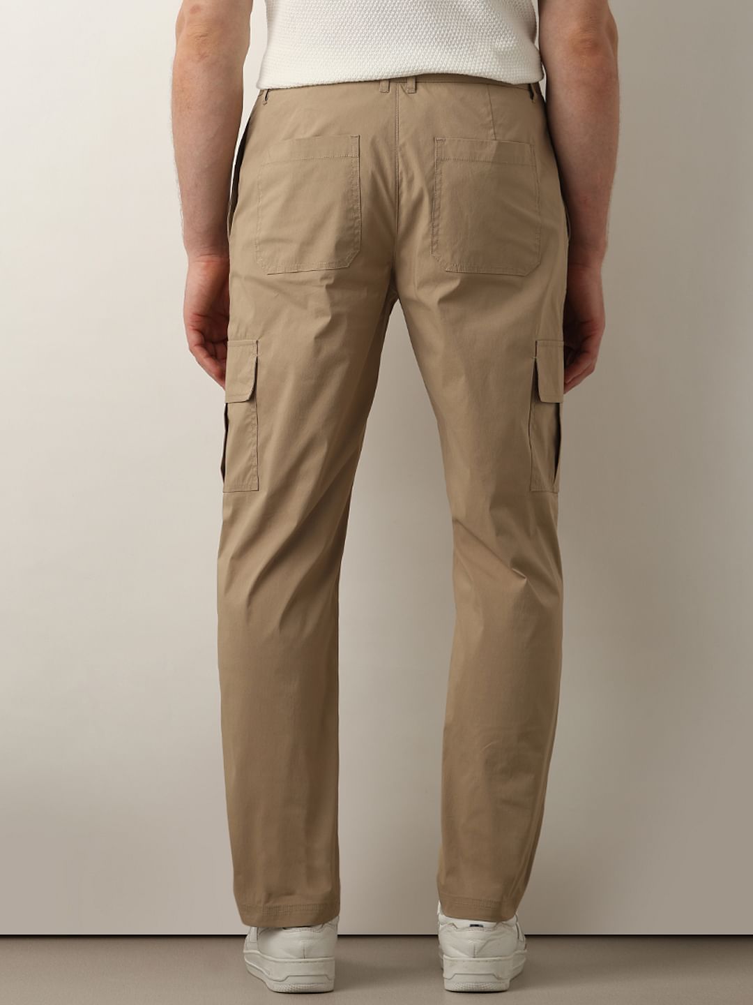 Beige Mid Rise Cargo Pants
