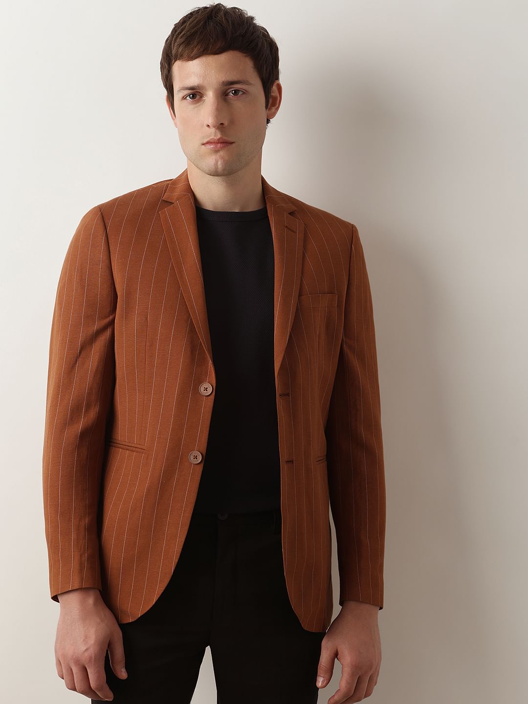 Brown Striped Casual Blazer