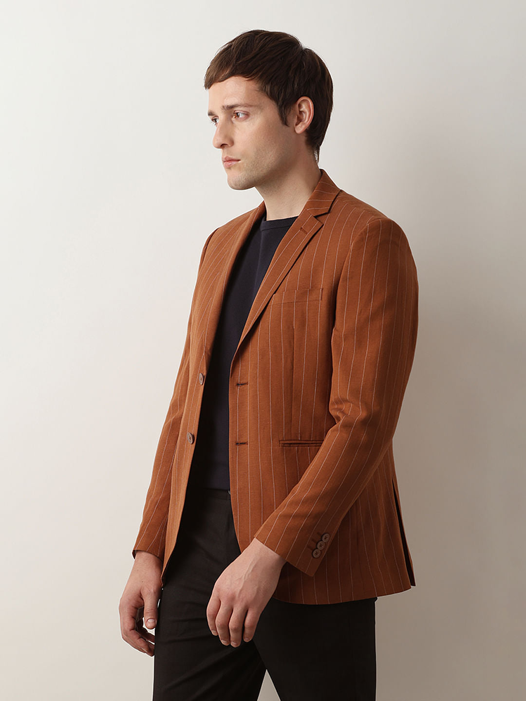 Brown Striped Casual Blazer
