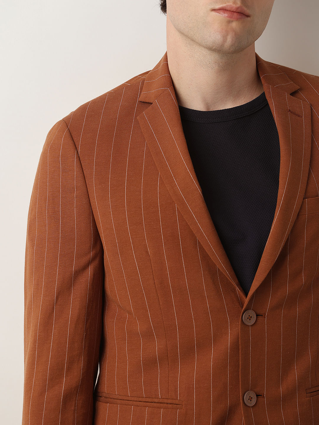 Brown Striped Casual Blazer