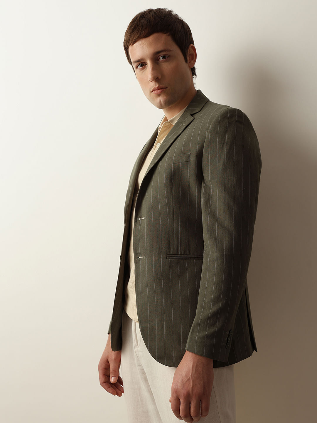 Green Striped Casual Blazer