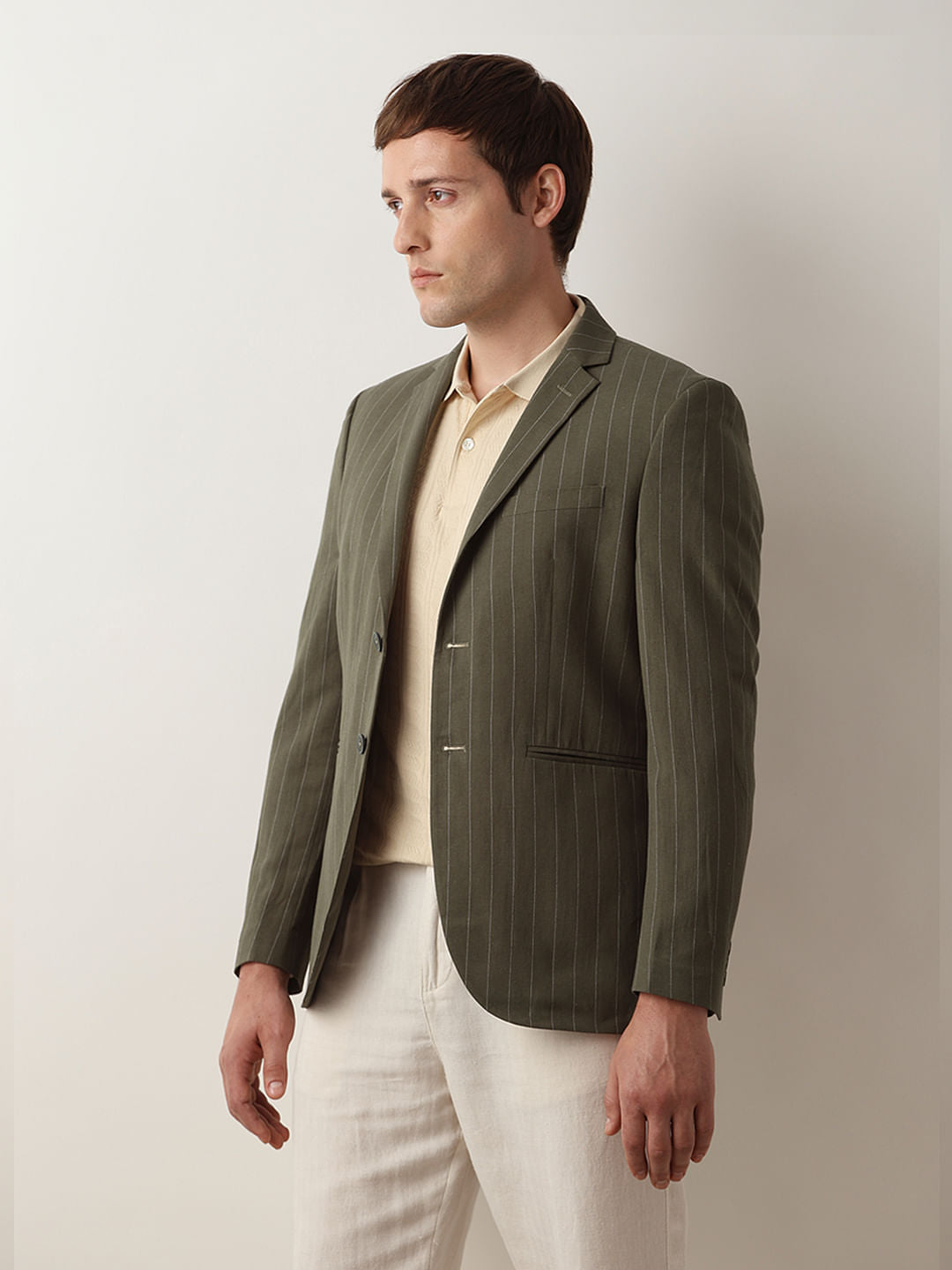Green Striped Casual Blazer
