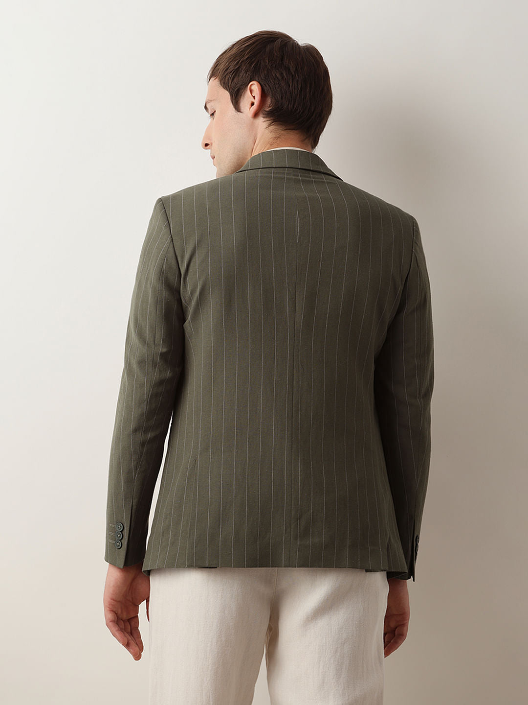 Green Striped Casual Blazer