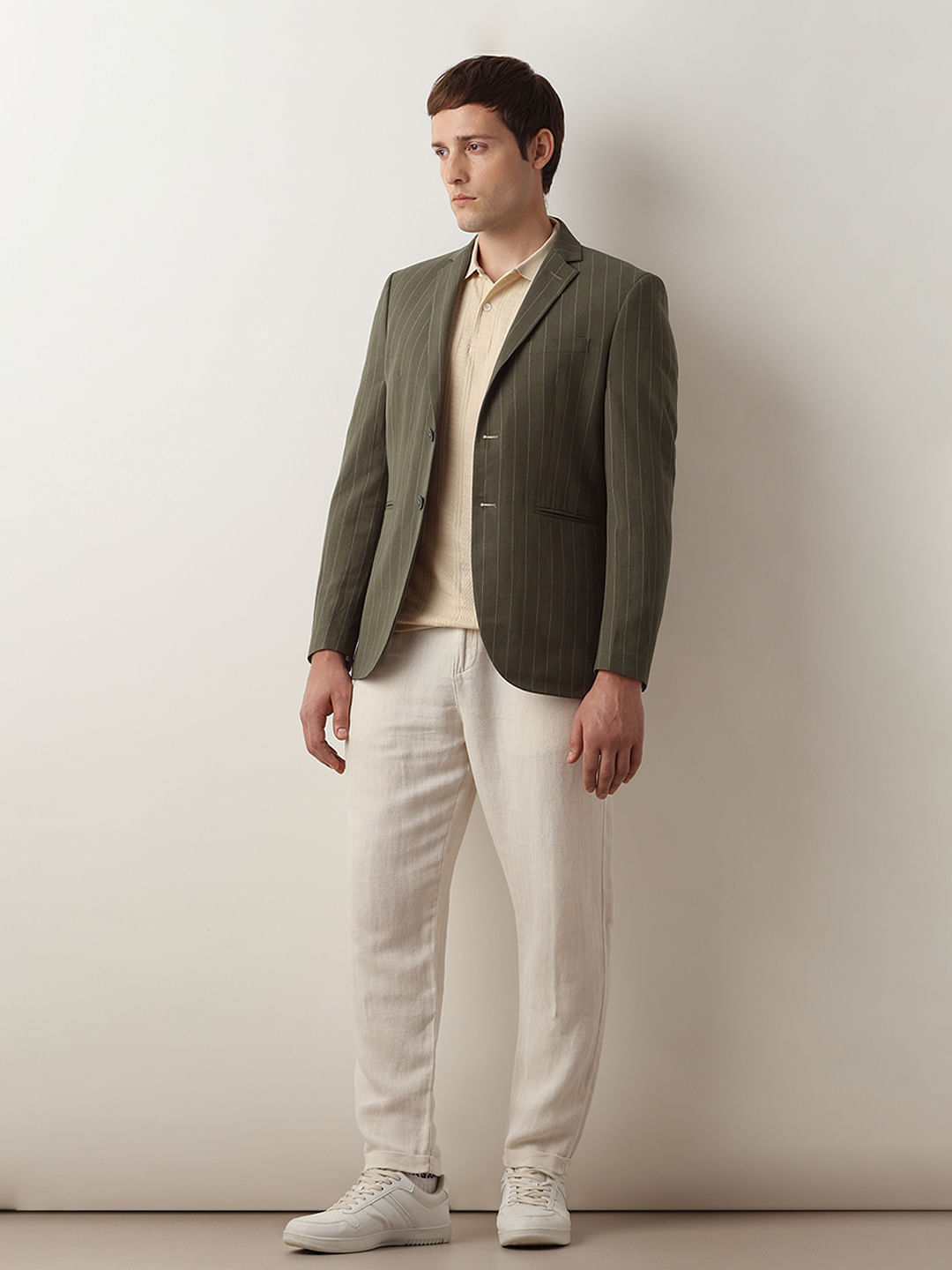 Green Striped Casual Blazer