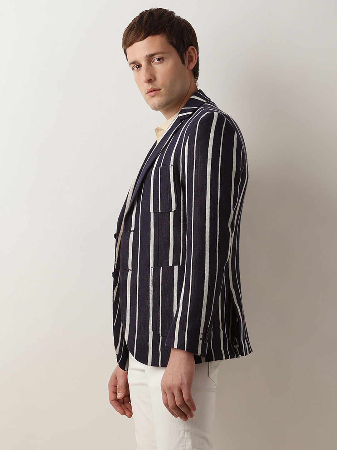 Navy Blue Striped Casual Blazer